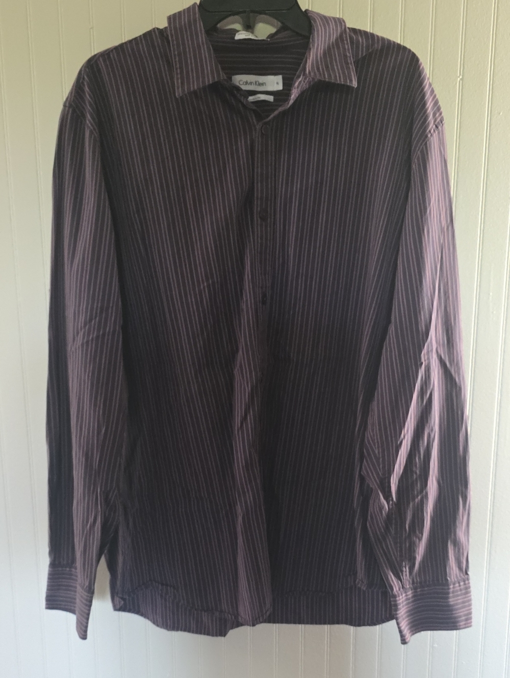 Calvin Klein Men's Black Dress Shirt with Purple Pinstripes